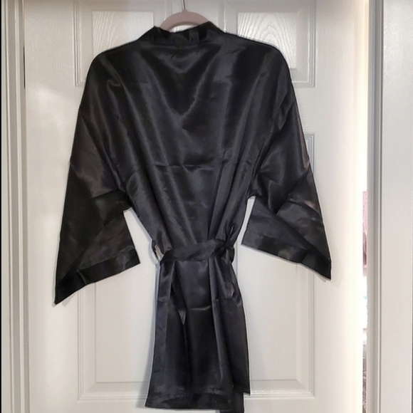 Baci Black Satin Mini Robe Valentine's Day Romantic Date Night Sash Waist Tie-Up - Picture 6 of 7
